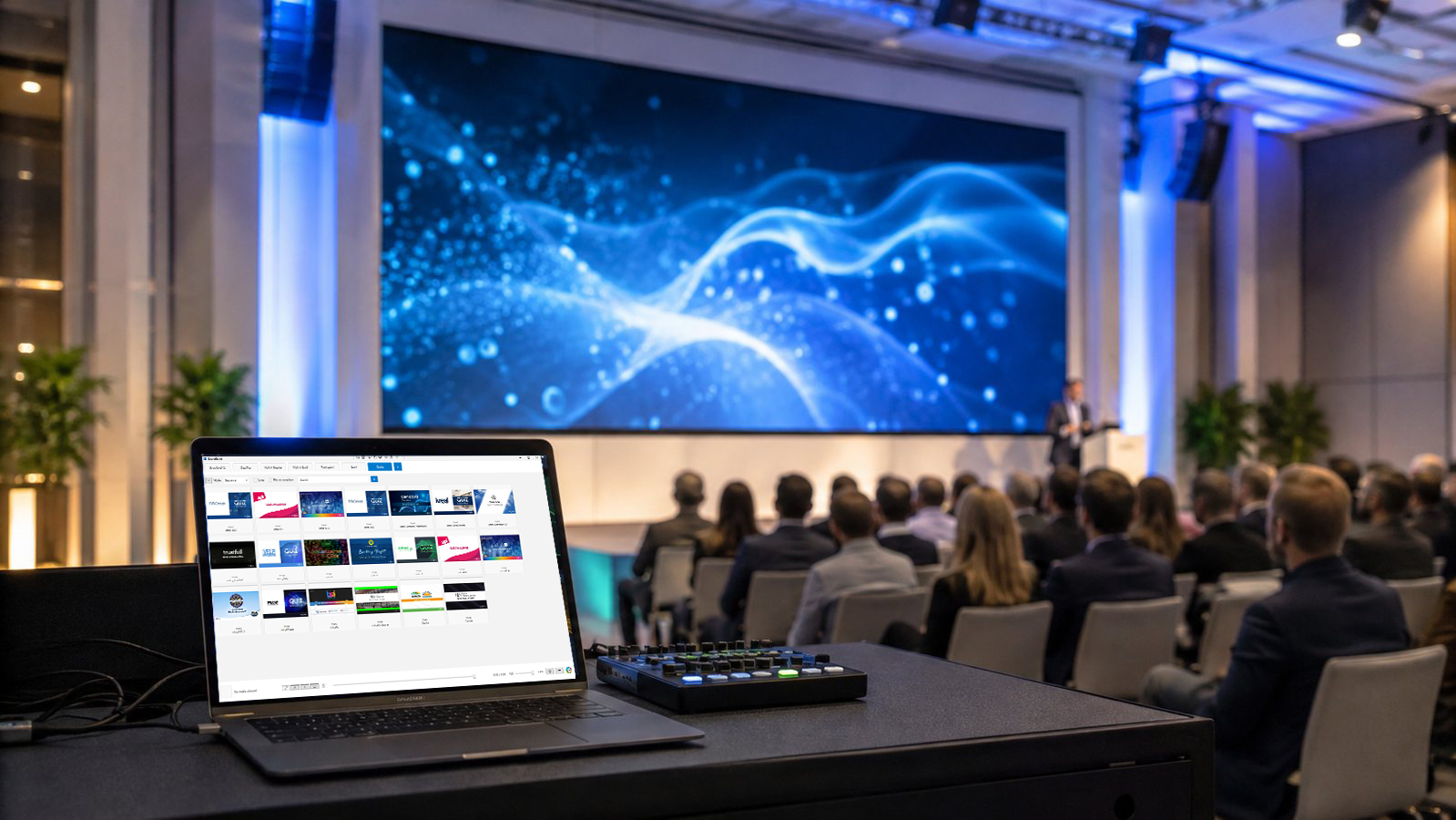 Media Board secondary screen workflow running on a laptop during a live event